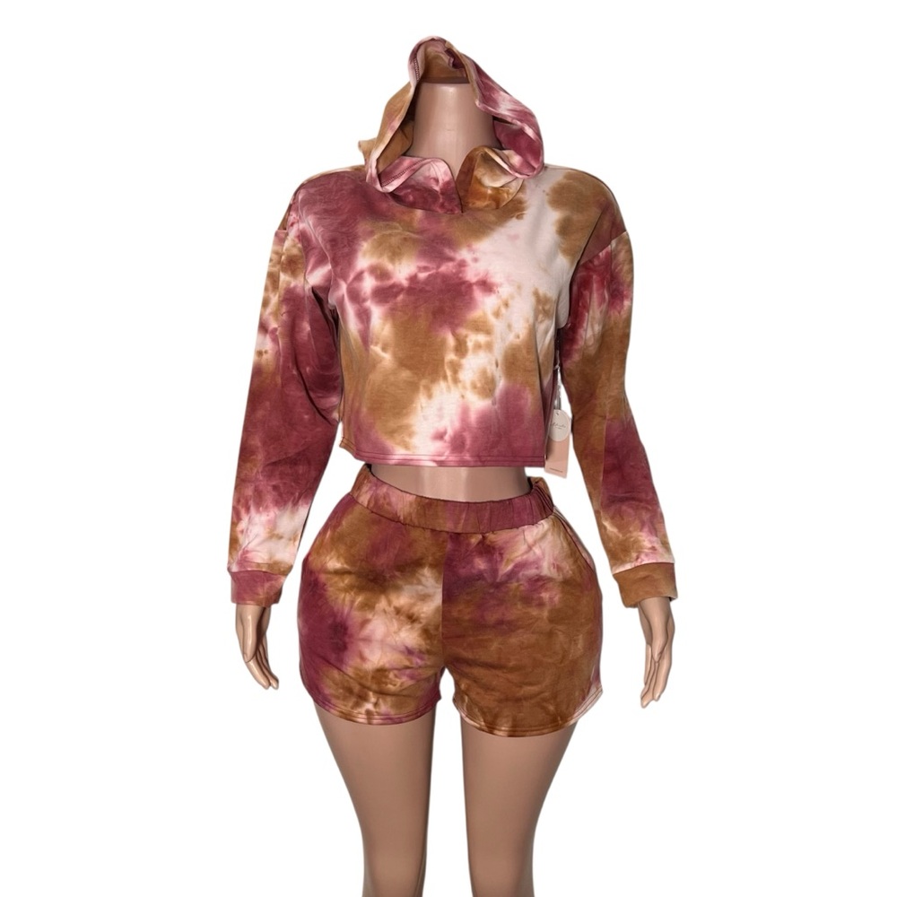 Tie-Dye Cropped Hoodie & Shorts Set - Pink/Brown